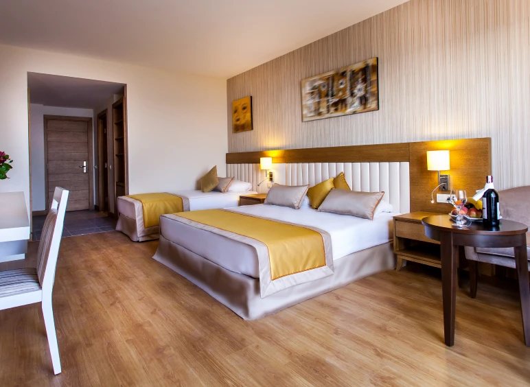 Cozy hotel room with yellow accents